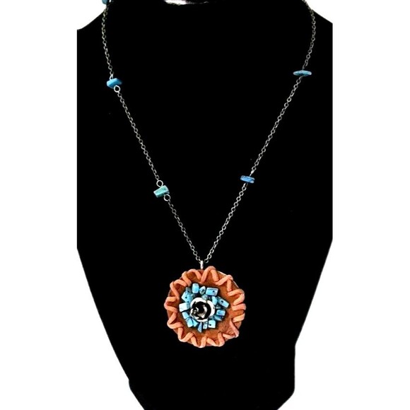 VTG South Western Style Turquoise & Leather Sterling Silver Chain Necklace - Picture 1 of 9